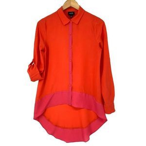 Womens Nicole Miller XSmall Tunic Blouse Coral High Low 3631 NWT Roll Tab Sleeve